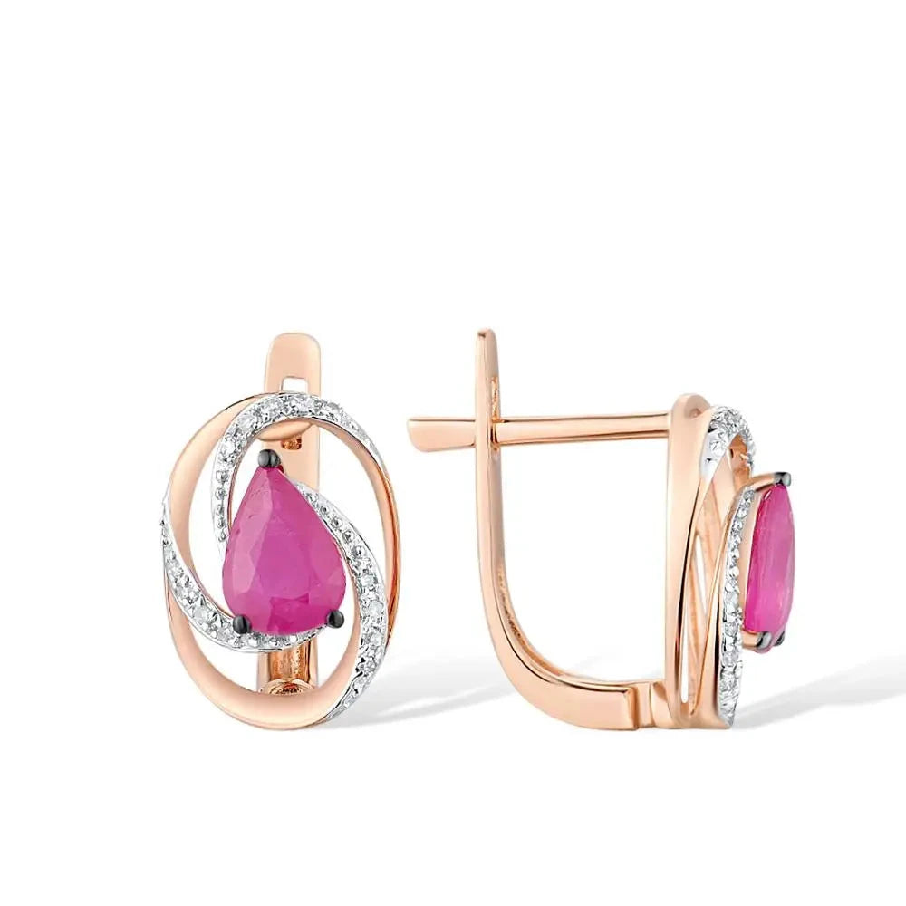 Pendientes de Oro Rosa de 14K con Rubí y Diamantes