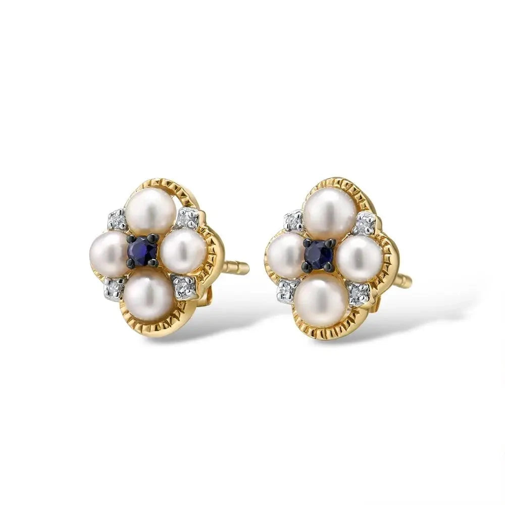 Pendientes de Oro Amarillo 14K con Zafiros, Perlas y Diamantes