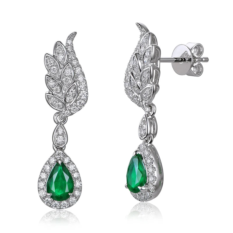 Pendientes de Oro Blanco 14K con Esmeralda y Diamantes