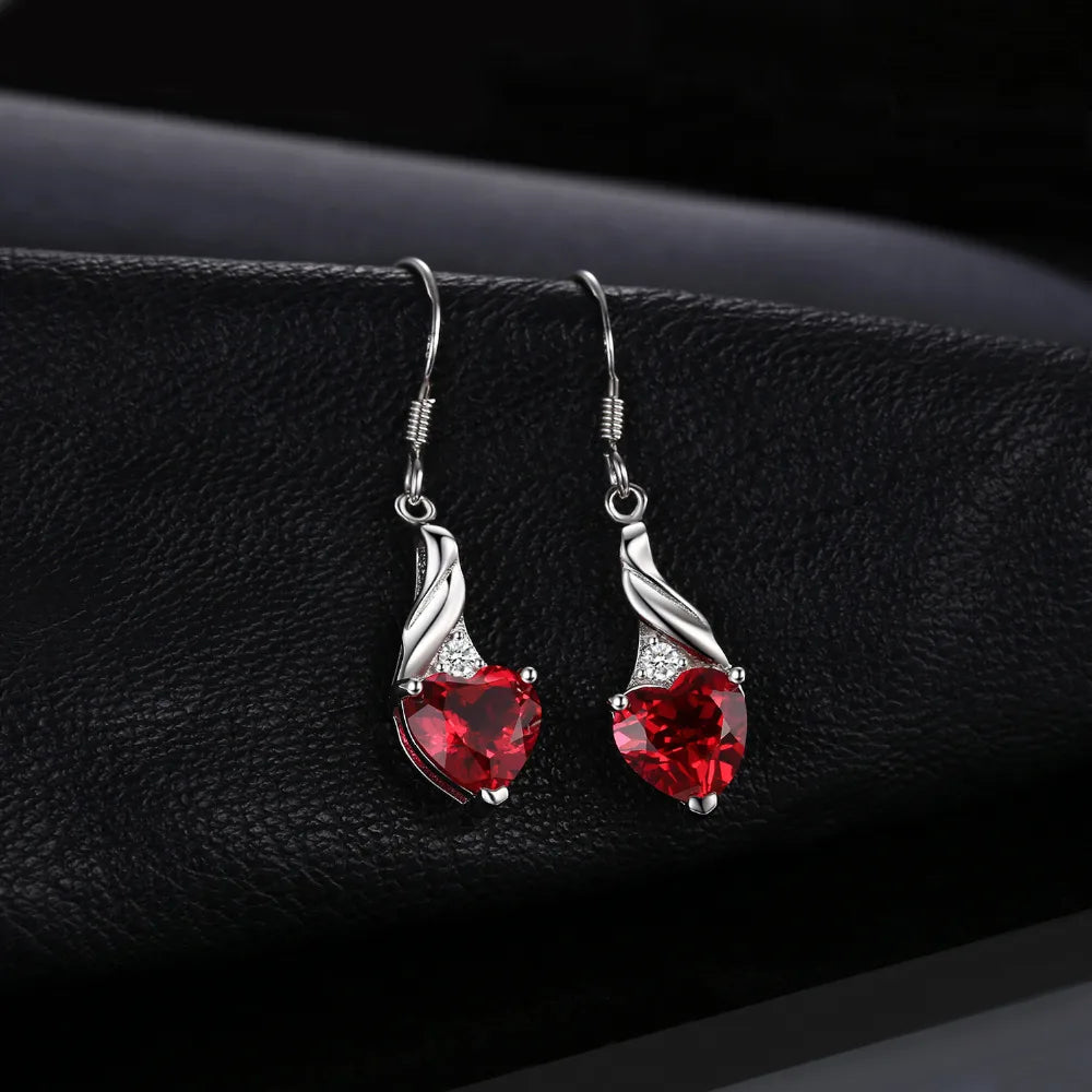 925 Sterling Silver Drop Earrings with Heart Cut Ruby