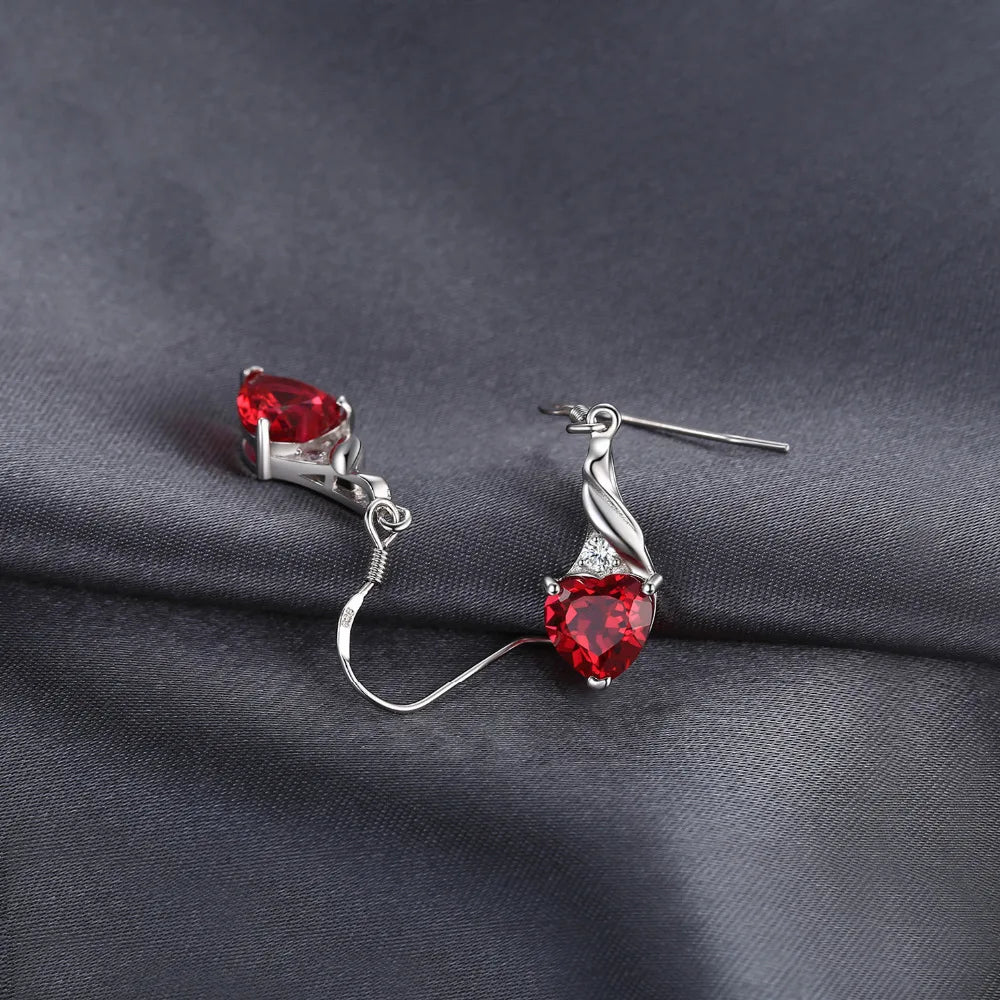 925 Sterling Silver Drop Earrings with Heart Cut Ruby