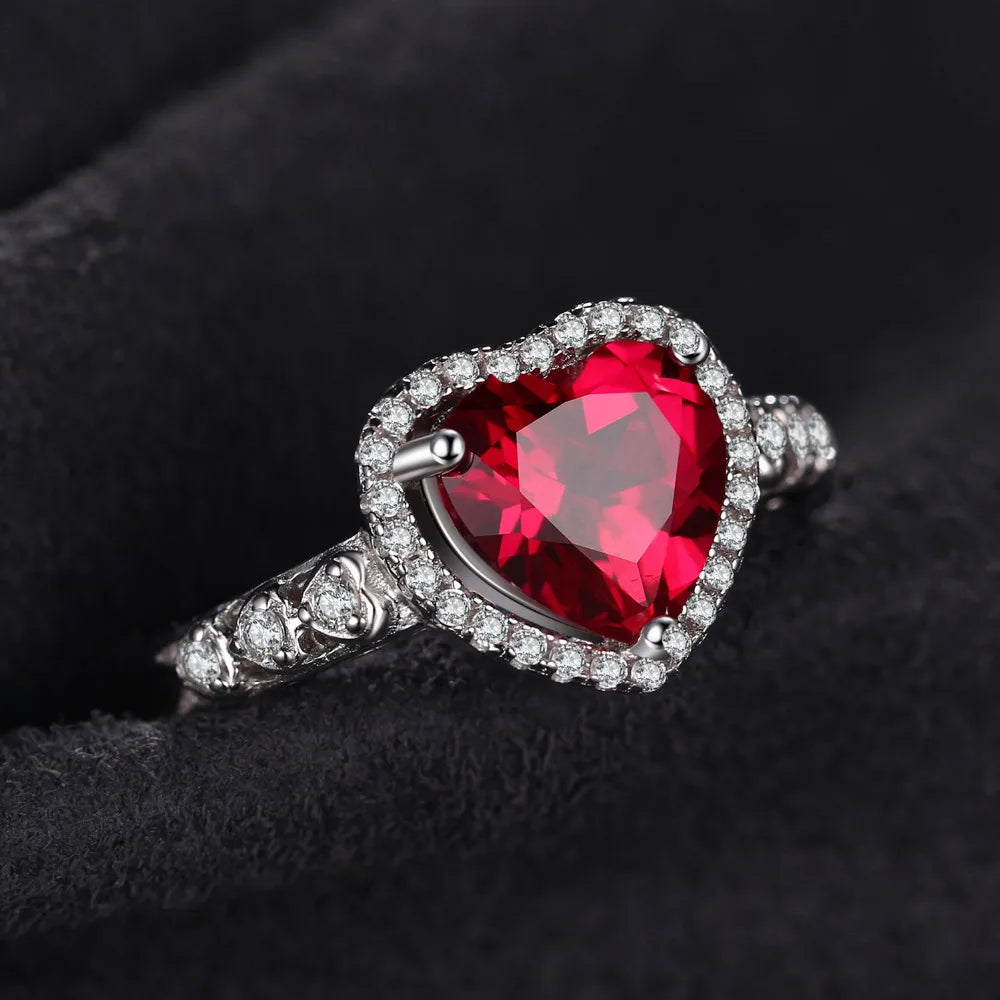 Romantic 925 Sterling Silver Heart Shaped Ruby Ring