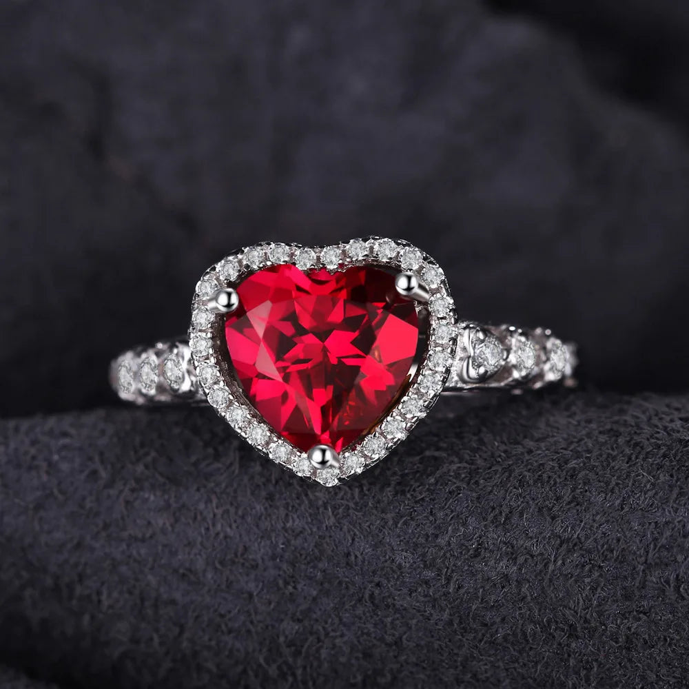 Romantic 925 Sterling Silver Heart Shaped Ruby Ring