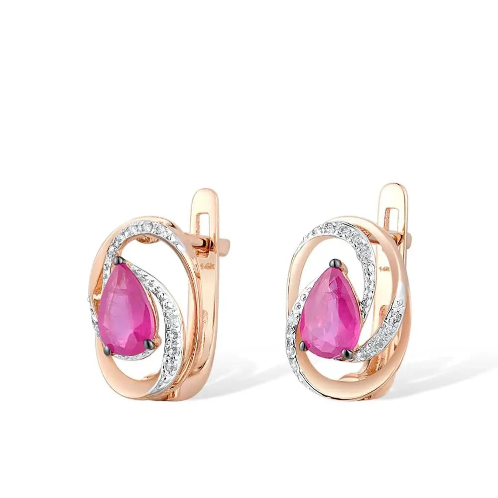 Pendientes de Oro Rosa de 14K con Rubí y Diamantes