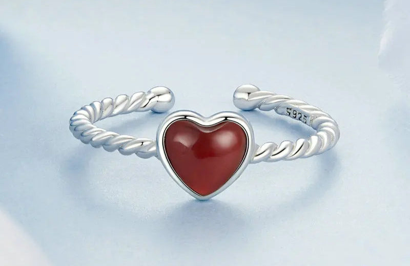 925 Sterling Silver Open Ring with Red Agate Heart