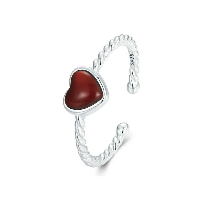 925 Sterling Silver Open Ring with Red Agate Heart