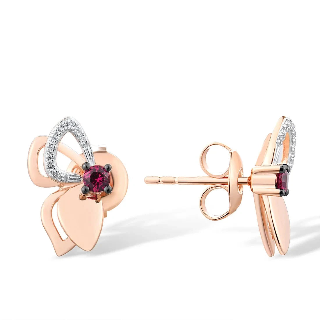 Pendientes de Mariposa de Oro Rosa 14K con Rubíes y Diamantes