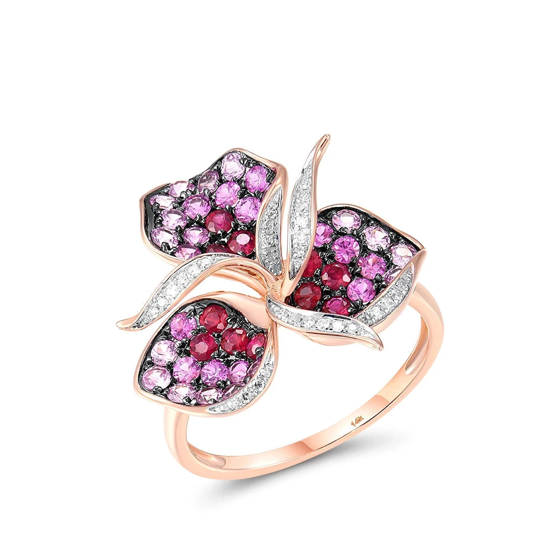 Anillo de Oro Rosa 14K con Rubíes y Zafiros Rosados en Forma de Flor