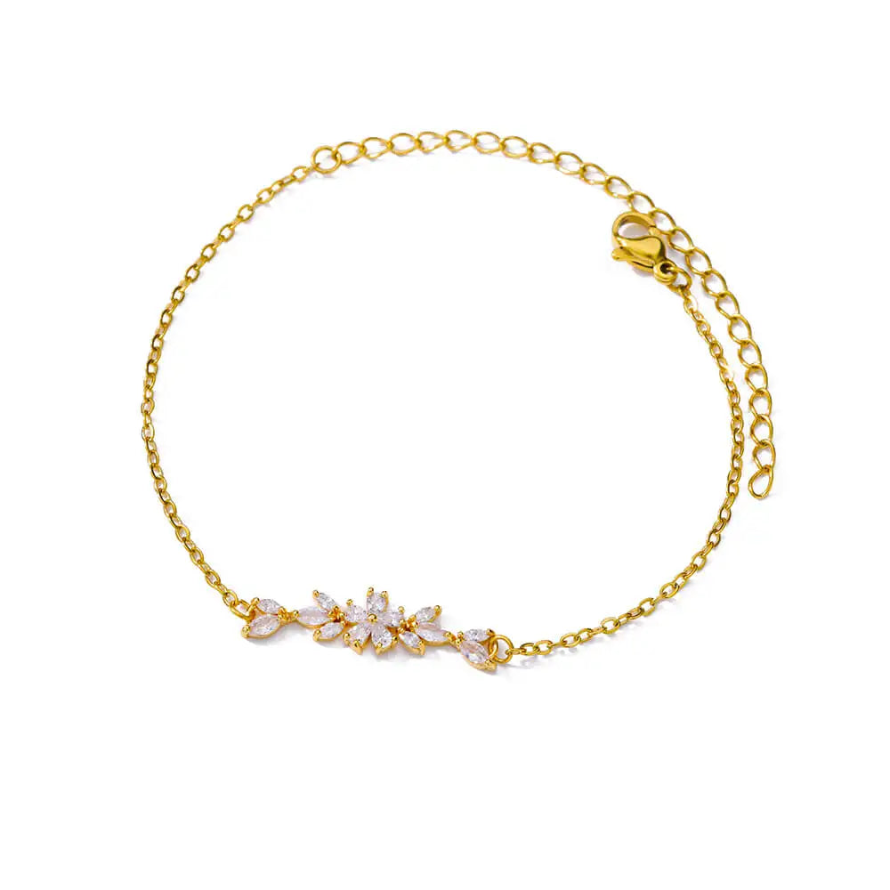 Elegante pulsera de flores de circón para mujeres y niñas, pulseras de acero inoxidable de color dorado con dijes de plantas, regalos de joyería de diseñador de lujo