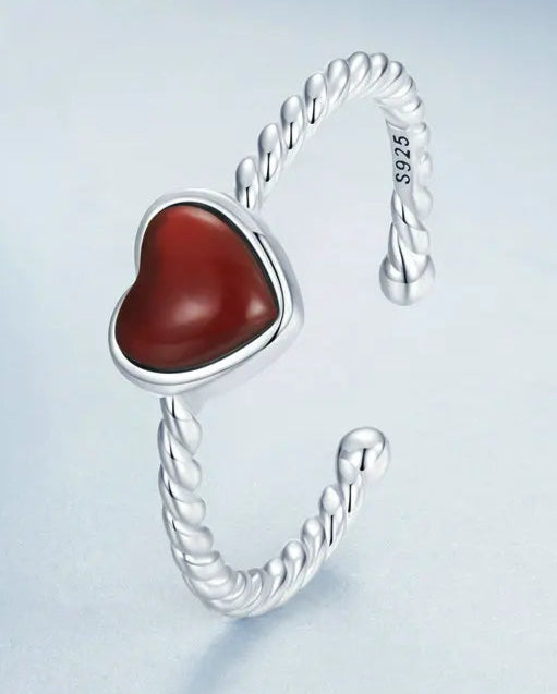 925 Sterling Silver Open Ring with Red Agate Heart