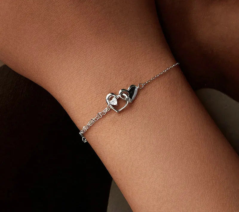 "Heart to Heart" Bracelet in 925 Sterling Silver with Zirconia