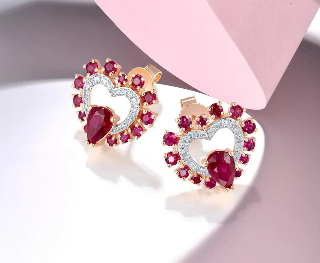 Pendientes de Oro Rosa 14K con Rubi y Diamantes