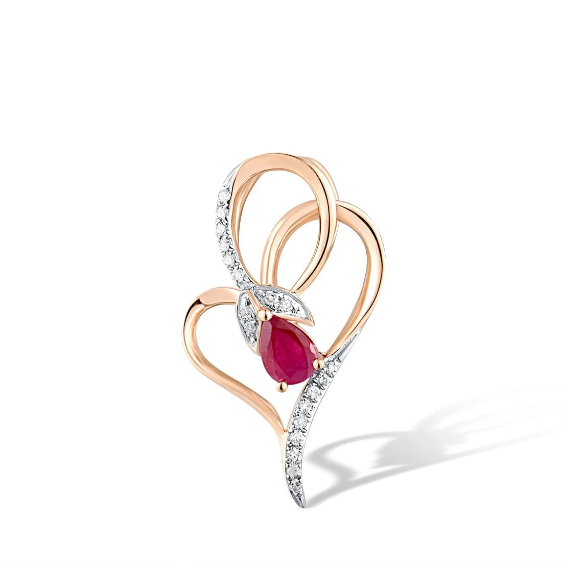 Pendentif en or rose 14k Rubis en Forme de Coeur et Diamants