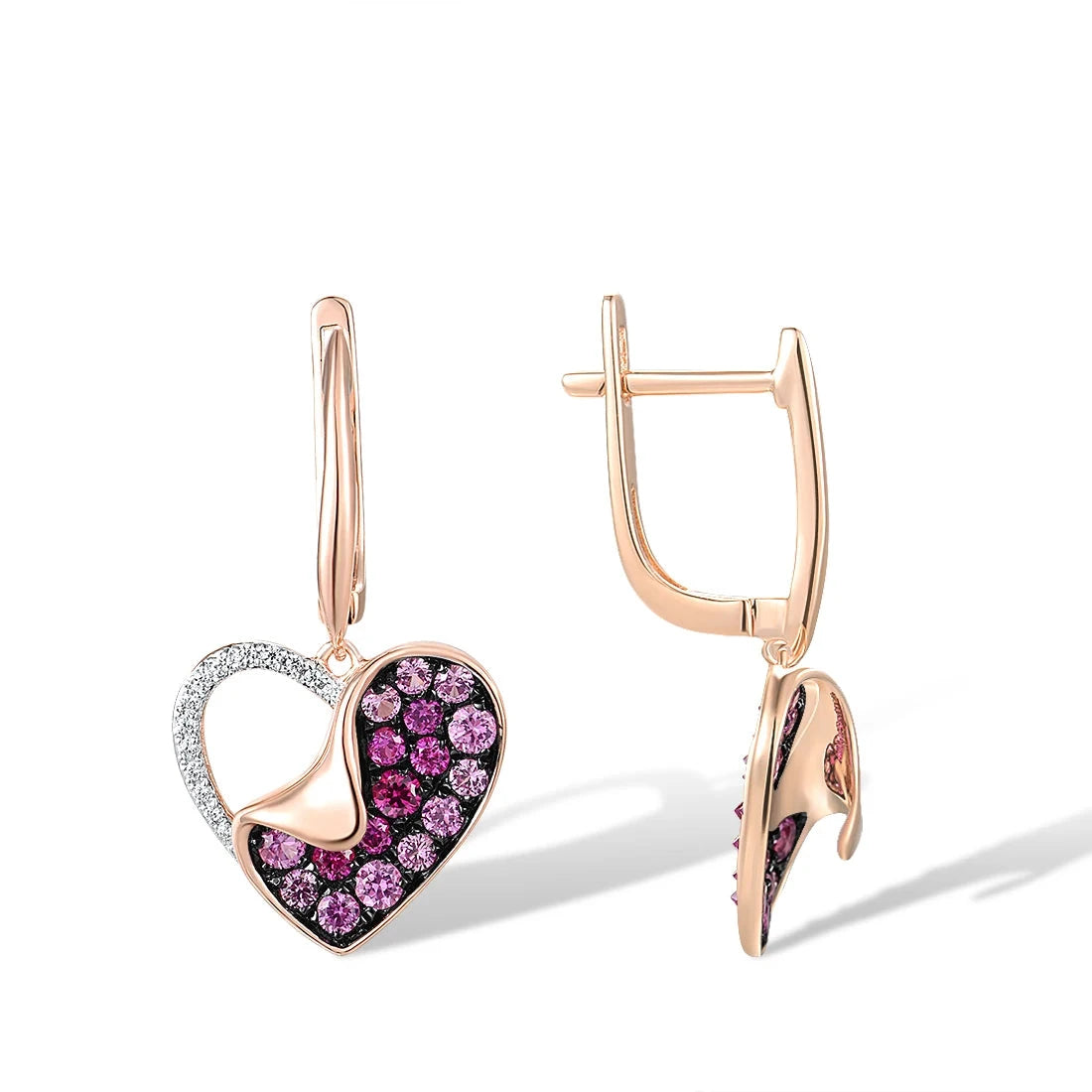 Pendientes de Oro Rosa 14k en Forma de Corazón con Diamantes y Rubíes